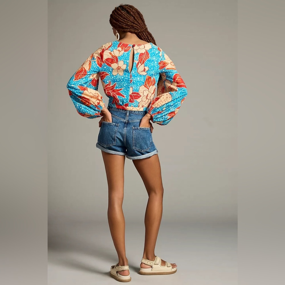 FARM Rio Blue Floral Puff-Sleeve Blouse with Red & Cream Accents - Picture 2 of 14